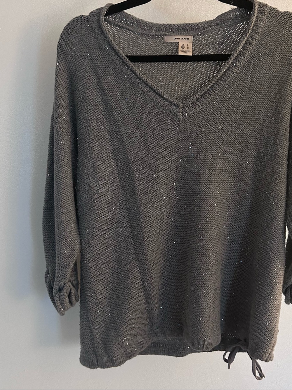 DKNY Gray V-Neck Knit Sweater with Subtle Metallic Speckle
